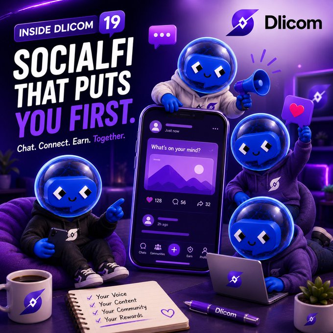 A promotional graphic for 'Dlicom' titled 'INSIDE DLICOM 19: SOCIALFI THAT PUTS YOU FIRST' featuring blue cartoon astronaut-like characters interacting with a social media phone interface.