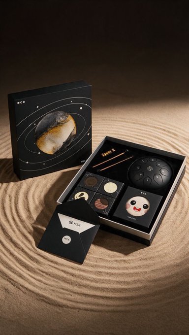 A "MEX" branded gift box set featuring a planetary/Saturn-themed outer sleeve is displayed on a bed of raked sand, containing chocolate squares, chopsticks, a black control-disc, and a cute panda-faced accessory. The luxurious presentation and cosmic theme symbolically mirror the post's excitement over BTC soaring to 86,000 and the broader bullish momentum across crypto and US stocks driven by positive China-US talks.