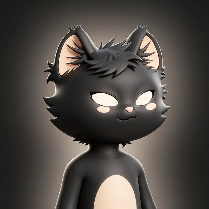 A 3D-rendered black cartoon cat character with white blank eyes, pink blush marks, and a fluffy mane, standing against a dark gray background.