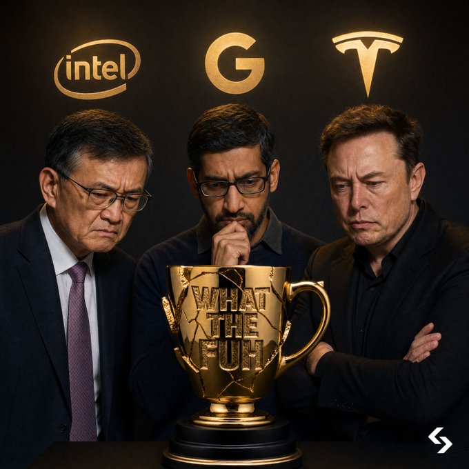 Three stern-faced executives—representing Intel, Google/Alphabet, and Tesla—stand behind a cracked golden trophy labeled "WHAT THE F*** CUP," humorously mocking their companies' disappointing earnings as part of a stock-ticker roast contest.