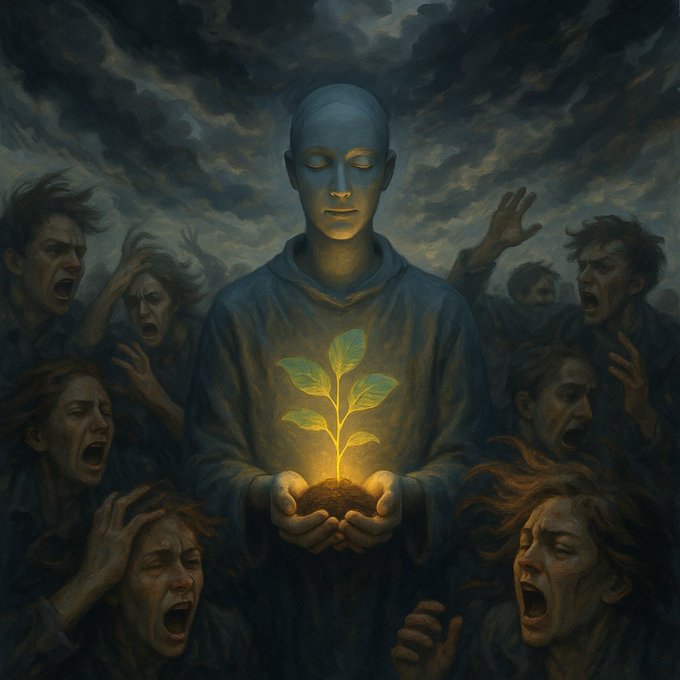 A serene, faceless figure in a hooded robe cradles a glowing young plant amid a chaotic crowd of anguished, screaming faces under a stormy sky, symbolizing calm amidst turmoil. The image visually reinforces the post's message about maintaining composure and following a pre-set plan while the market "panics" around you.