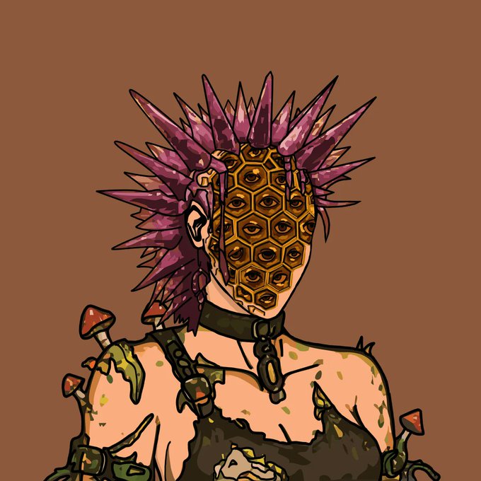 A stylized illustration of a character with a honeycomb-patterned face covering, spiky magenta hair, and mushroom-themed accessories against a brown background.