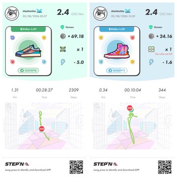 Two 'STEPN' app screenshots showing sneaker NFT stats with values like '2.4', '69.18', '24.16', and the tagline 'Move proof to identity and download APP'.