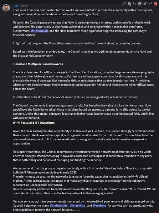 JMF forum post from the Nova Council (Helium) endorsing Nova's strategy and approving the mint, recommending tiered/multiplier rewards for Wi-Fi coverage and urging IoT divestiture before LoRaWAN fees in early 2027.