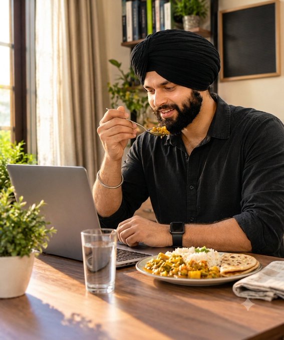 A bearded man wearing a black turban and dark shirt smiles while eating a spoonful of food from a plate of rice and curry beside a laptop on a wooden table.