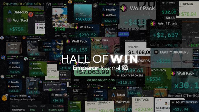 A collage filled with screenshots of crypto trading wins labeled "HALL OF WIN" and "Emperor Journal," showcasing various gains from $ETH/PACK and Wolf Pack trades with profit figures like +$7,063.99, +$759, and +$2,657 displayed prominently. The image serves as a promotional highlight reel celebrating successful trades and an impressive total asset value of $1,468,068, aligning with the post's call to follow @emperorjournal_ for more alpha.