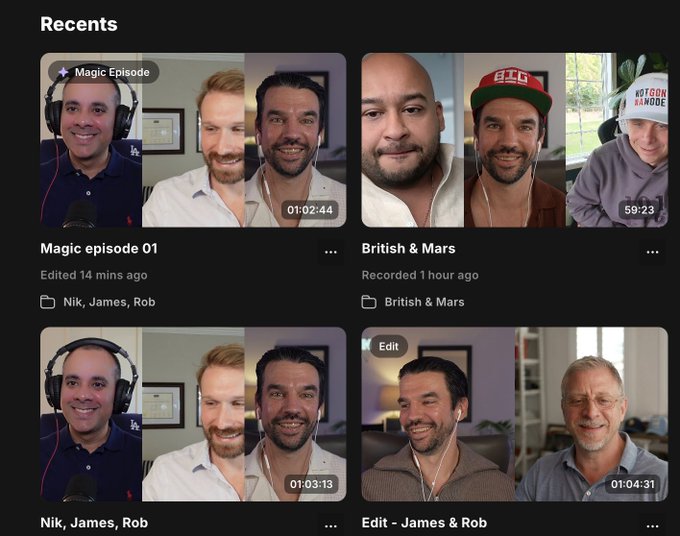 A video conferencing app showing recent recordings including 'Magic Episode' featuring Nik, James, Rob, 'British & Mars', and 'Edit - James & Rob' with various timestamps visible on thumbnails.