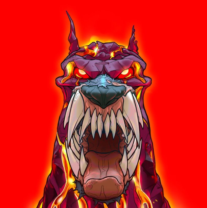 A fierce, monstrous creature resembling a fiery dragon or demon with glowing red eyes, sharp teeth, and molten cracks along its purple and red rocky skin against a bright orange background.
