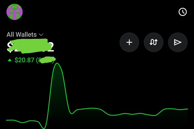 A dark-themed crypto portfolio tracking app showing 'All Wallets' with a balance of $20.87 and a green line chart displaying price or value fluctuations over time.