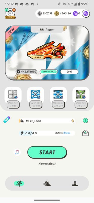 A screenshot of a mobile game app interface featuring a pixel-art spaceship, showing stats like '442276092' and 'Lv 0' above a green 'START' button.