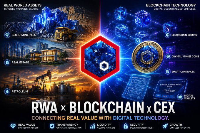 Infographic titled 'RWA x BLOCKCHAIN x CEX - Connecting Real Value with Digital Technology,' showing Real World Assets (solid minerals, real estate, petroleum) on the left and Blockchain Technology (blocks, crystal stones coins, smart contracts, digital wallets) on the right.