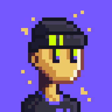 A pixel art style portrait of a character with blonde hair wearing a black hat and hoodie with green accents against a purple background.