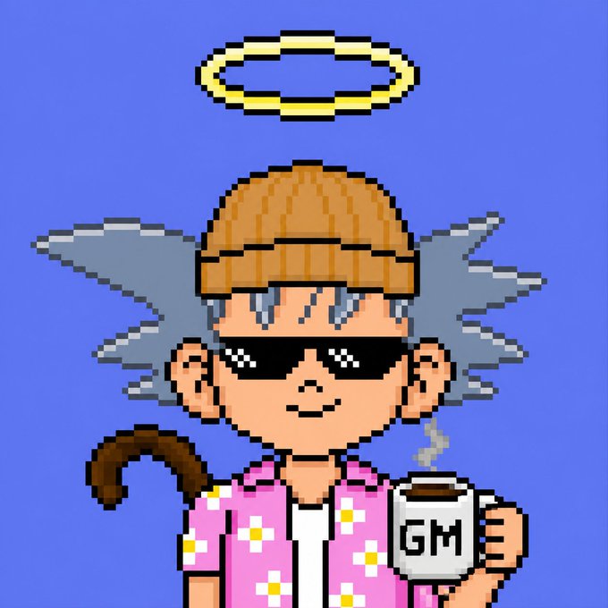 A pixel art character with spiky gray hair, a beanie, sunglasses, and a pink floral shirt, holding a steaming mug labeled 'GM' with a yellow halo floating above.
