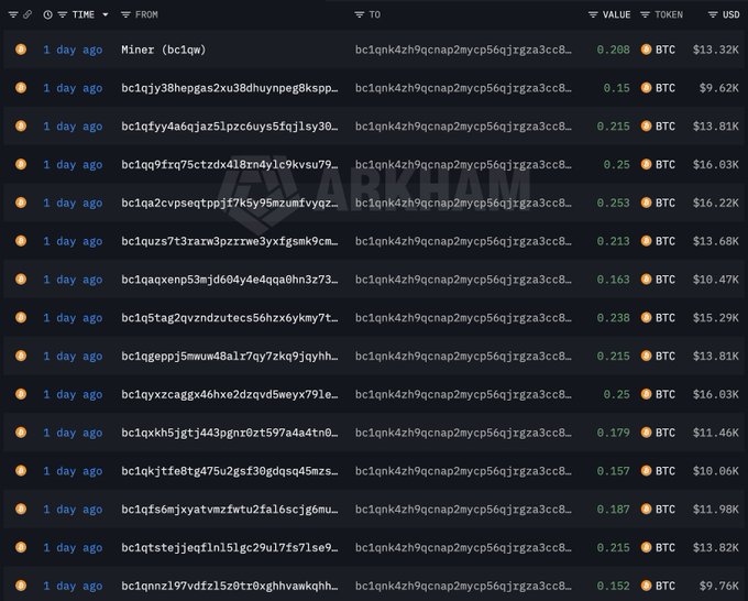 A screenshot of a blockchain transaction log showing approximately 15 separate "1 day ago" transfers of BTC amounts ranging from 0.152 to 0.253 BTC (valued $9.62K to $16.22K) all being sent to the same recipient address "bc1qnk4zh9qcnap2mycp56qjjrgza3cc8...", illustrating the cumulative theft of 594.48 BTC (~$38.2M) to a single wallet following the reported Coldcard vulnerability.
