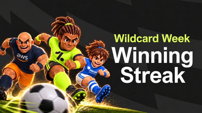 Three stylized 3D cartoon soccer players in colorful uniforms—including "aws" and "Mind" jerseys—chase a soccer ball alongside the text "Wildcard Week Winning Streak," promoting a limited-time competition where players compete for the longest winning streak to earn a spot at the Grand Finale in Vegas, with the post noting additional football merchandise from a collaborating club.