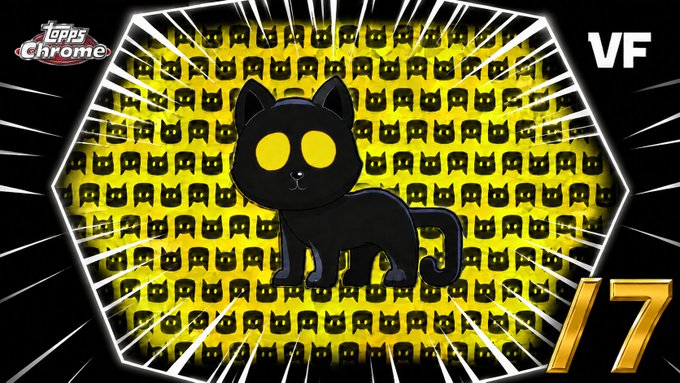 A stylized black cat character with glowing yellow eyes stands against a repeating yellow cat-face pattern background, framed within a chrome-like border featuring Topps Chrome branding, "VF" logo, and the number "17." The comic-book styled design and feline imagery visually ties to the post's reference of "CatFractors" as a standout feature of the VeeFriends Topps Chrome collection.