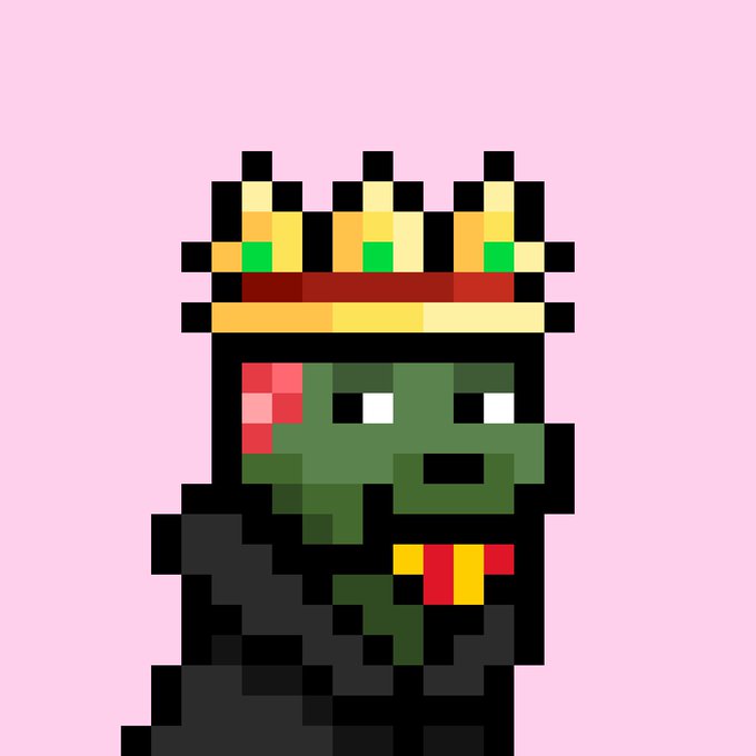 Pixel art illustration of a green frog-like character wearing a yellow crown with green jewels, set against a pink background.