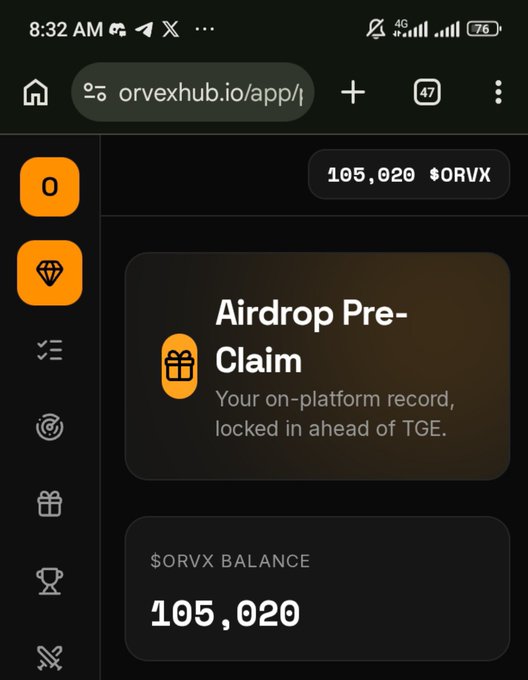 A mobile screenshot of the orvexhub.io website displays a balance of '105,020 $ORVX' and an 'Airdrop Pre-Claim' section reading 'Your on-platform record, locked in ahead of TGE.'