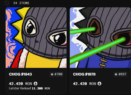 Two NFT marketplace listings for CHOG #1943 (700 diamonds, 42.420 MON) and CHOG #878 (697 diamonds, 42.420 MON), featuring cartoon character artwork.