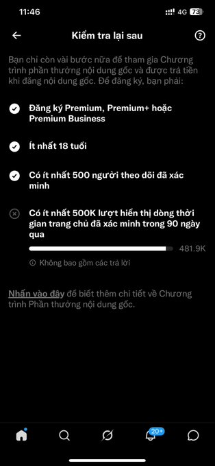 A Vietnamese-language social media screen shows eligibility requirements for a creator monetization program, including requirements for Premium subscription, age 18+, 500 followers, and 500K views.