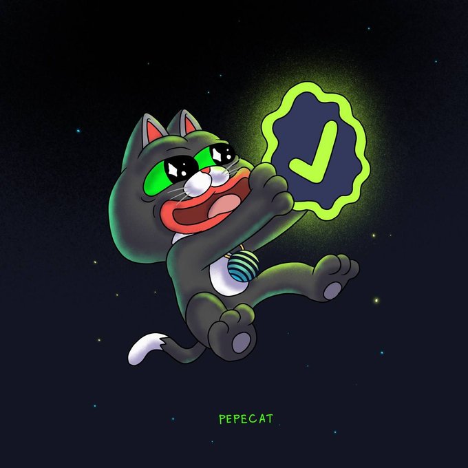 A cartoon illustration features a black cat wearing a glowing green mask with large eyes, joyfully floating in space while holding a blue badge with a green checkmark, signed "PEPECAT."