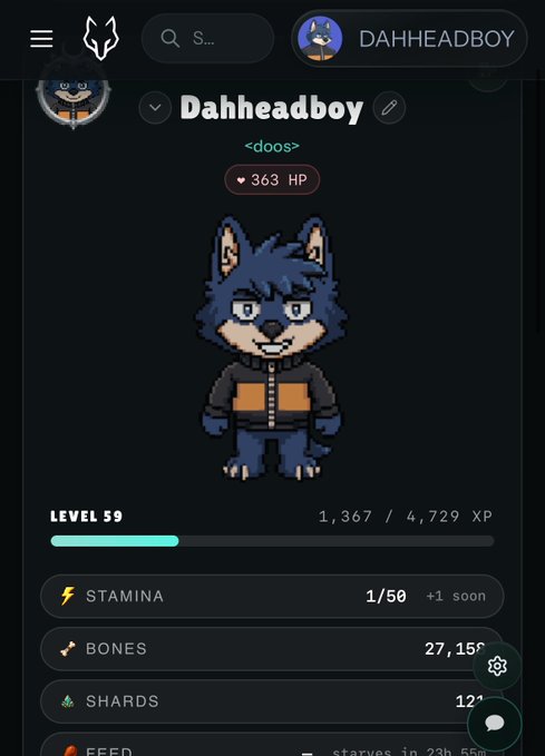 A mobile app screen displays a pixel art wolf character named "Dahheadboy" with 363 HP at Level 59, showing stats for Stamina, Bones, and Shards.