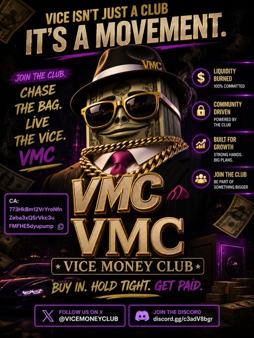 Promotional image for the "Vice Money Club" ($VMC) cryptocurrency featuring a gold-wearing skull figure wearing sunglasses and a fedora, with the contract address "773HkBm12VrYroNfnZeba3xQSrVkc3uFMFHE5dyupump" and links to X (@vicemoneyclub) and Discord displayed alongside marketing claims like "Liquidity Burned 100% Committed" and "Buy In. Hold Tight. Get Paid."