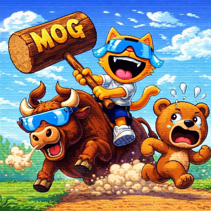 Cartoon illustration of a yellow cat wearing sunglasses riding a bull with a wooden MOG mallet while chasing a frightened teddy bear.