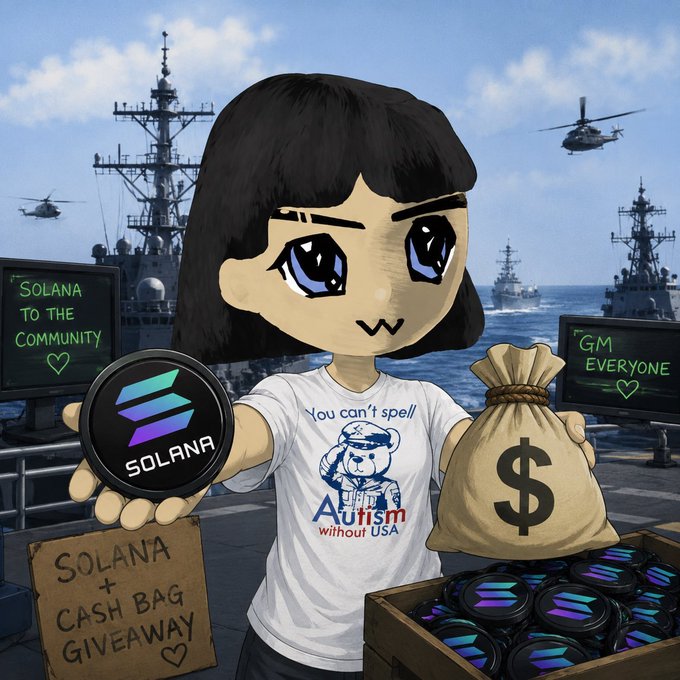 An anime-style character wearing an "Autism without USA" t-shirt stands on a military ship deck holding a Solana ($SOL) token and a money bag, with signs reading "SOLANA to the community," "GM EVERYONE," and "SOLANA + CASH BAG GIVEAWAY" displayed alongside crates of Solana coins. The image is a promotional graphic accompanying a $50 SOL giveaway post asking users to like, retweet, comment with their Solana address, and join a Telegram group.