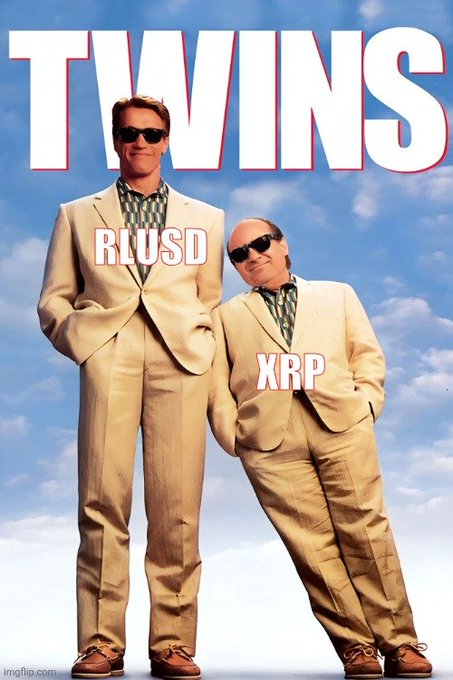 A movie poster parody titled 'TWINS' featuring two men in matching beige suits, labeled 'RLUSD' and 'XRP'.