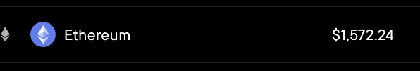 Cryptocurrency price display showing Ethereum at $1,572.24 with the ETH logo.