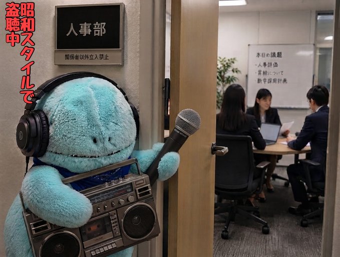 A blue plush character wearing headphones stands outside an office labeled '人事部' (Human Resources), holding a microphone and a boombox, while three people in business attire hold a meeting inside. Japanese text on the left reads '盗聴スタイルで' (in wiretapping style).