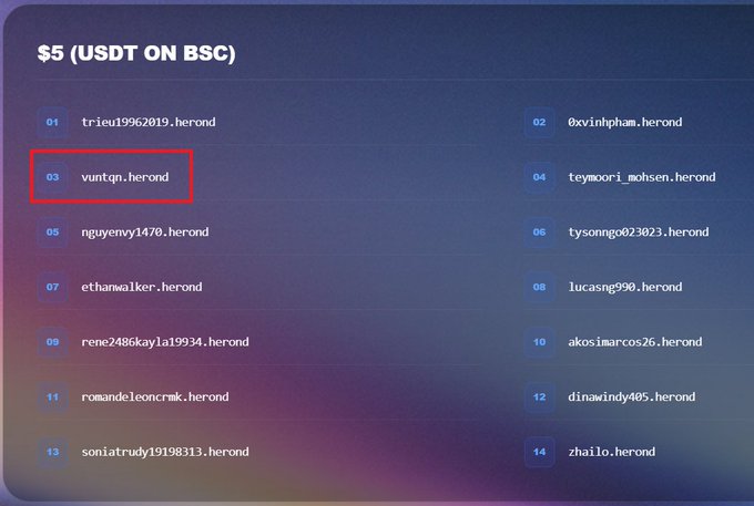 A list of '$5 (USDT ON BSC)' recipients with .herond domain names, where entry #03 'vuntqn.herond' is highlighted with a red box.