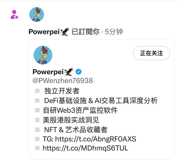 A notification showing that user "Powerpei🦅" (@PWenzhen76938) has subscribed to the account 5 minutes ago. The profile describes them as an independent developer focused on DeFi infrastructure, AI trading tools, Web3 asset monitoring software, and US/HK stock insights, illustrating the recent wave of new subscribers mentioned in the post.