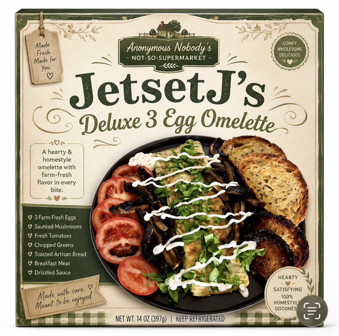 Packaging for "JetsetJ's Deluxe 3 Egg Omelette" from Anonymous Nobody's Not-So-Supermarket, listing ingredients like farm-fresh eggs, mushrooms, tomatoes, and artisan bread.