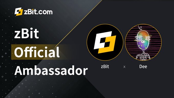 A graphic announcing a 'zBit Official Ambassador' collaboration between 'zBit' and 'Dee', featuring their respective logos.