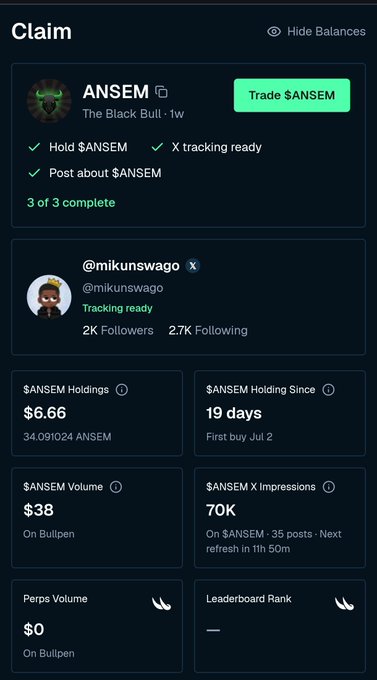 A mobile app screenshot of a 'Claim' page for the $ANSEM token (The Black Bull), showing a user @mikunswago with 2K followers, holdings of $6.66, and holding for 19 days.