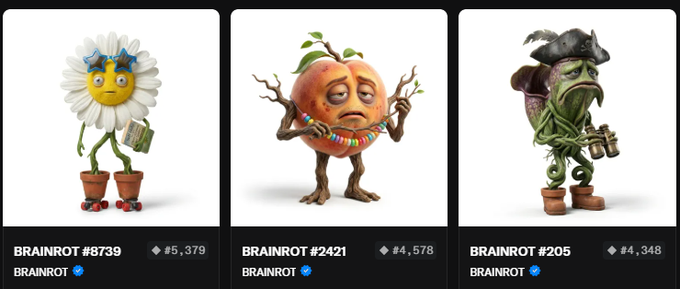 Three NFT digital collectibles titled "BRAINROT" — a daisy-headed figure on roller skates, a sad peach character, and a green plant-like creature with binoculars — with their token numbers and Ethereum prices listed below.