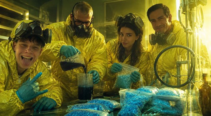 Four people in yellow hazmat suits and gas masks pose in a makeshift lab, with one pouring a dark liquid while bags of blue crystals sit on the table—visually echoing the post's joke about cooking meth, a nod to the iconic "Breaking Bad" scene.