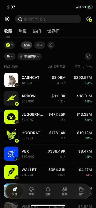 A screenshot of a cryptocurrency meme coin tracker app showing tokens like CASHCAT ($2.09M volume), ARROW ($91.13K), JUGGERNAUT ($477.25K), HOODRAT ($178.14K), VEX ($338.49K), and WALLET ($354.31K) with their market caps and 1h percentage changes ranging from 1.6% to 20%, illustrating the volatile meme coin market referenced in the post about buying dips and liquidations.
