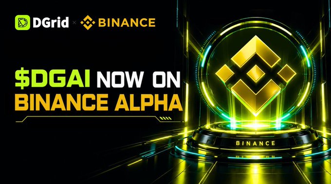 A promotional graphic with a black and neon yellow color scheme announces "$DGAI NOW ON BINANCE ALPHA," featuring the DGrid and Binance logos at the top alongside a glowing Binance emblem on a futuristic platform, celebrating the $DGAI token's listing on Binance Alpha.