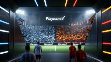 A stylized view looking through a tunnel of neon lights onto a soccer stadium where fans wave flags and the 'Playnance' logo is displayed on the screen.