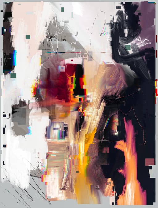 A glitchy, abstract digital artwork featuring chaotic brushstrokes in black, white, and fiery orange-red tones, overlaid with pixelated artifacts and color distortions. The piece, titled "Blush" by Jake Andrew (@jakeandrewart), evokes a sense of digital decay and emotional intensity through its smeared, fragmented composition that mimics a malfunctioning screen.