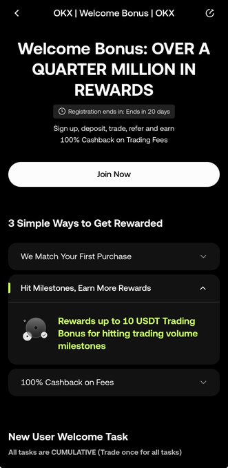 The image displays the OKX Welcome Bonus page advertising "OVER A QUARTER MILLION IN REWARDS," highlighting three ways to get rewarded including first purchase matching, hitting trading milestones for up to 10 USDT bonuses, and 100% cashback on fees, with registration ending in 20 days. This visually reinforces the accompanying post's message that the OKX welcome bonus isn't a one-and-done deal, as the milestone-based rewards system demonstrates how tasks stack as users continue trading.