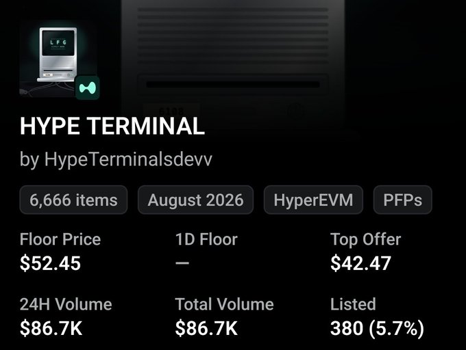 A dark dashboard interface for 'HYPE TERMINAL' by HypeTerminalsdevv, showing 6,666 items, August 2026 date, HyperEVM and PFPs tags, a floor price of $52.45, and 24H volume of $86.7K.