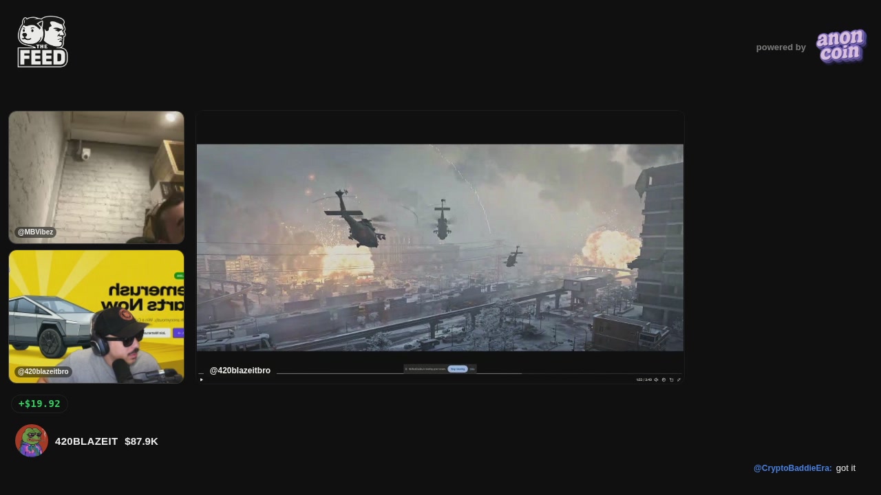 The image shows a computer screen displaying a video game with two helicopters flying over an urban setting, surrounded by buildings. There are also people visible in the scene, possibly playing or watching the game. The text "Vibe streaming on X!" is present near the top of the image, which suggests that the viewer might be experiencing a live stream of the game.