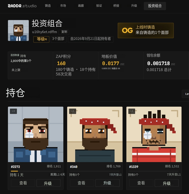 A profile page on "ZADDR studio" showing a user named "u16hy6etrdffm" with 160 ZAP points, 0.0177 ZEC floor price, and three pixel-art face collectibles in their holdings.