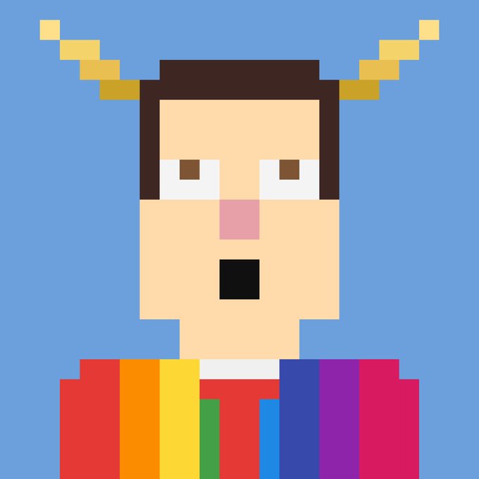 Pixel art portrait of a character with a surprised expression, brown hair, yellow horn-like protrusions, and a rainbow-striped shirt on a blue background.