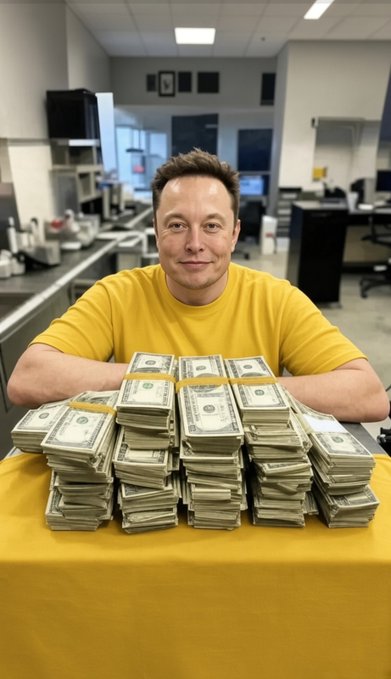 A man resembling Elon Musk in a yellow shirt sits at a table covered with large stacks of banded US dollar bills in a modern kitchen or lab setting.