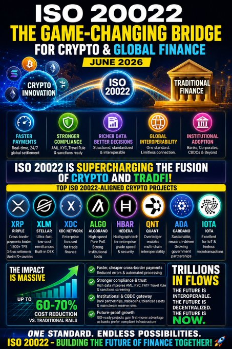 The image features a poster or infographic that highlights the importance of ISO 20022 compliance in the context of cryptocurrency projects. The poster emphasizes the significance of ISO 20022 alignment for global finance, stating that it has become an essential part of the future narrative of crypto. It also mentions several projects that are widely recognized for their ISO 20022 alignment, such as XRP and XLM. The poster includes a list of these projects along with other relevant information about them.